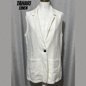 TAHARI Linen Sleeveless Blazer Style Top-White-Sz M-Pockets-Collar-Single Button